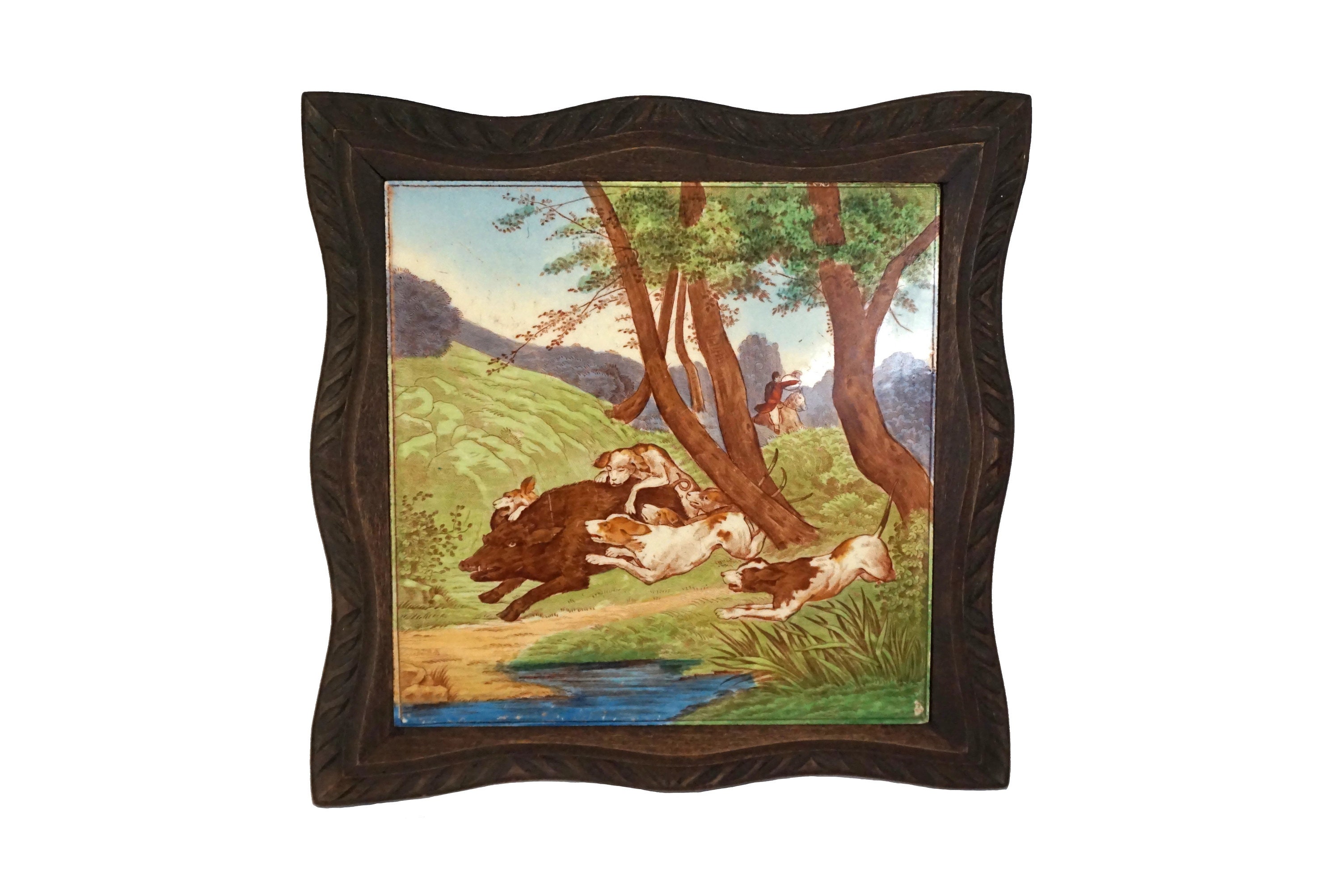 Antique Carreaux de Céramique Trivet avec Scène Chasse et Stand en Bois Sculpté, Français Pot Rest