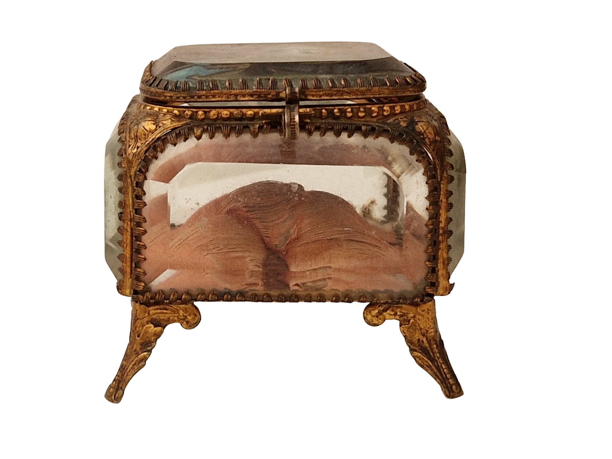 Antique French Glass Casket Jewelry Box with Virgin Mary Apparition to Saint Bernadette Soubirou