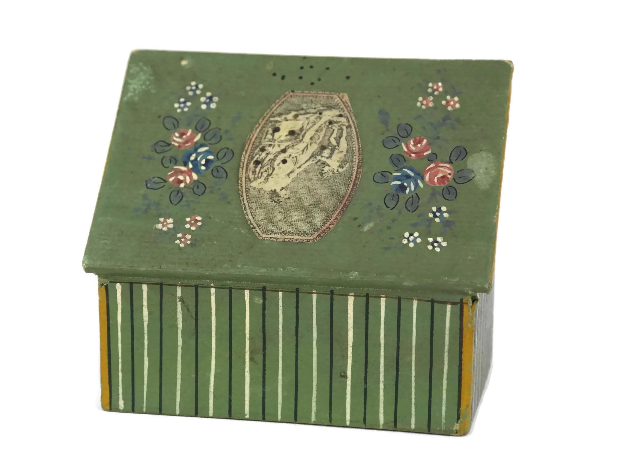 Antique French Match Box with Decoupage and Hand Painted Flowers.