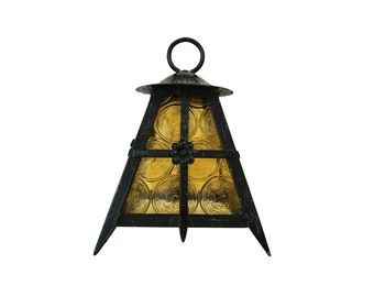 Vintage French Porch Lantern with Colored Glass Panels, Wrought Iron Outdoor Hanging Light Pendant