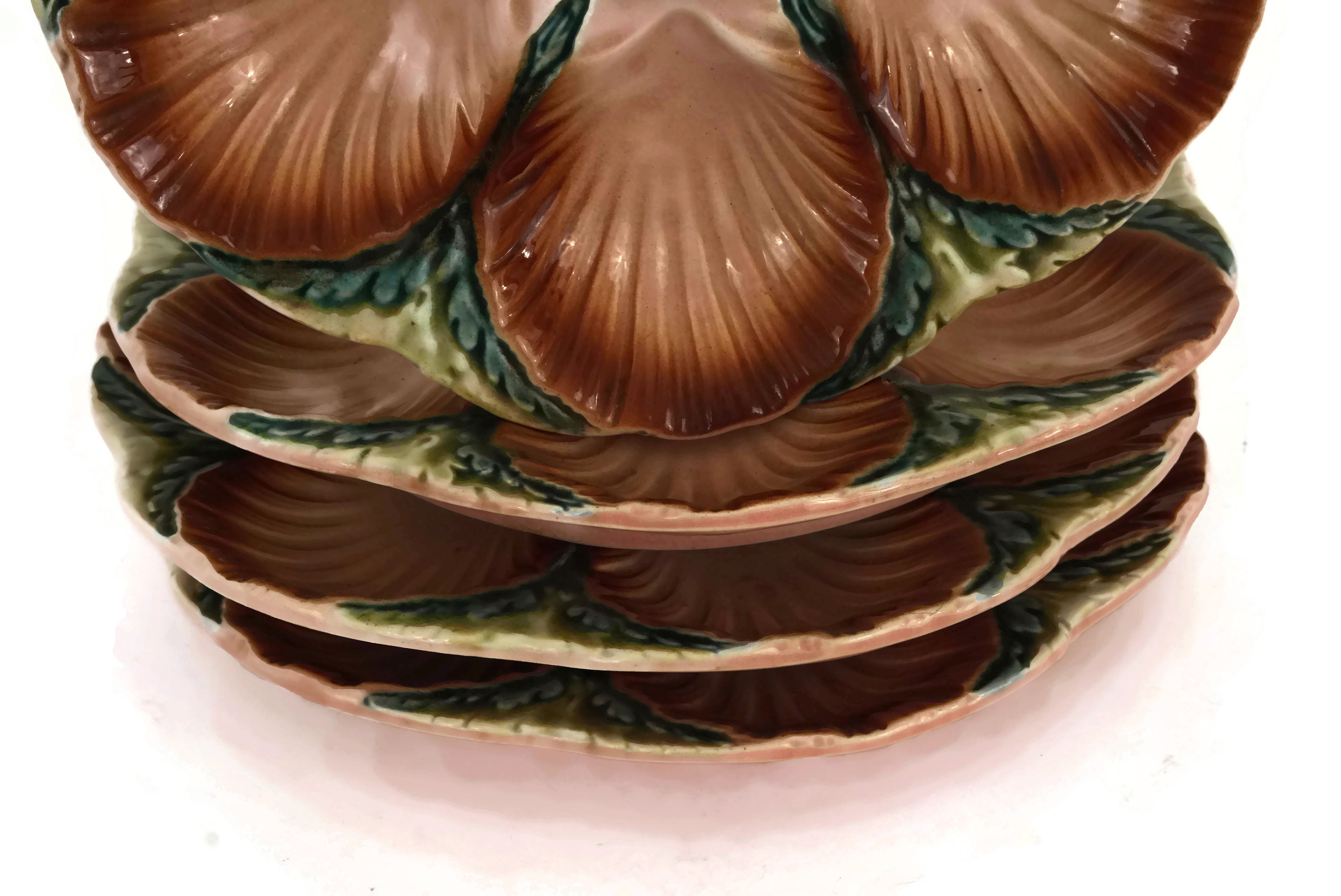 Antique Majolica Oyster Plate Set of 4, French Sarreguemines Pink