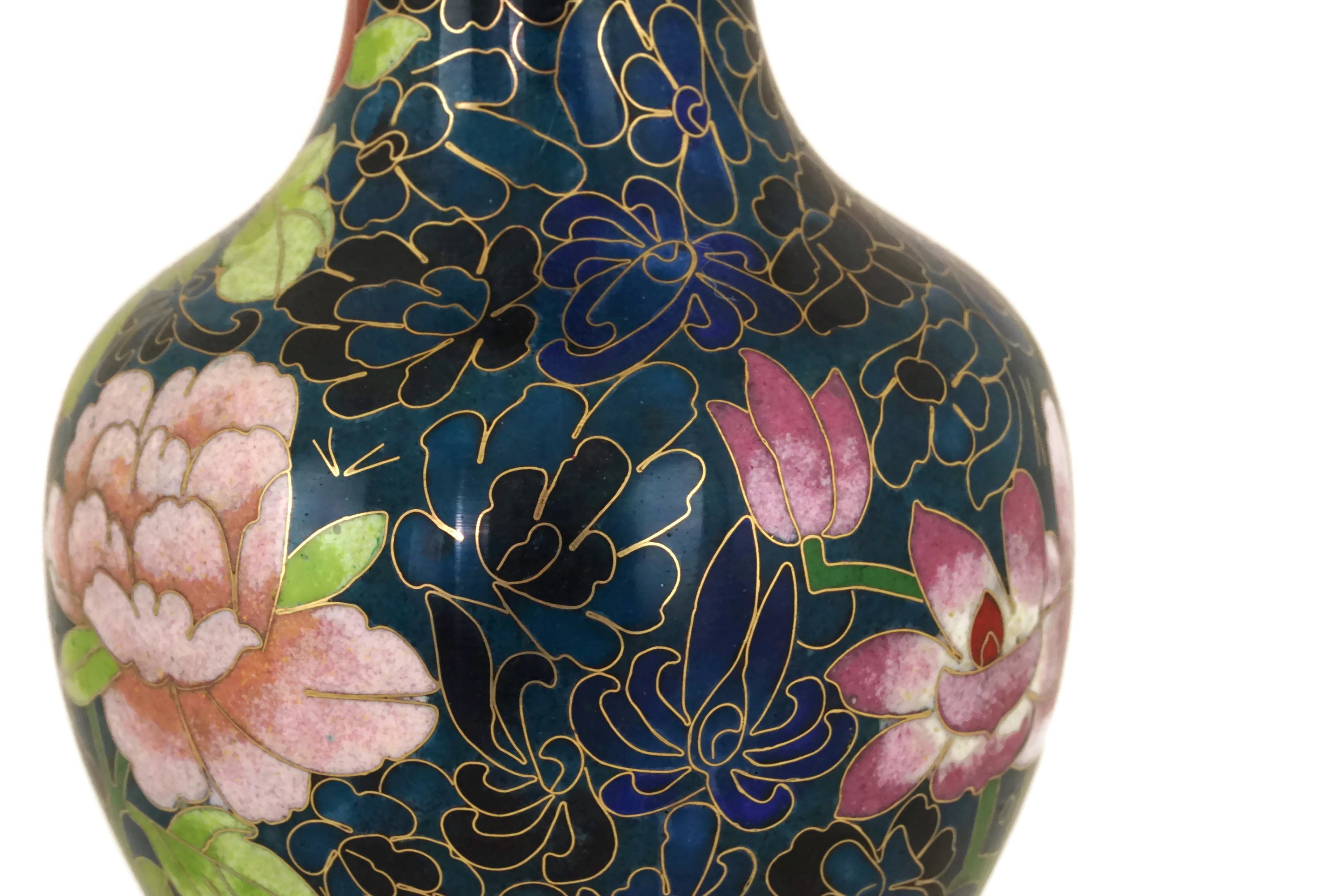 Vintage Cloisonne Vase with Peonies, Turquoise Blue Enamel and Brass
