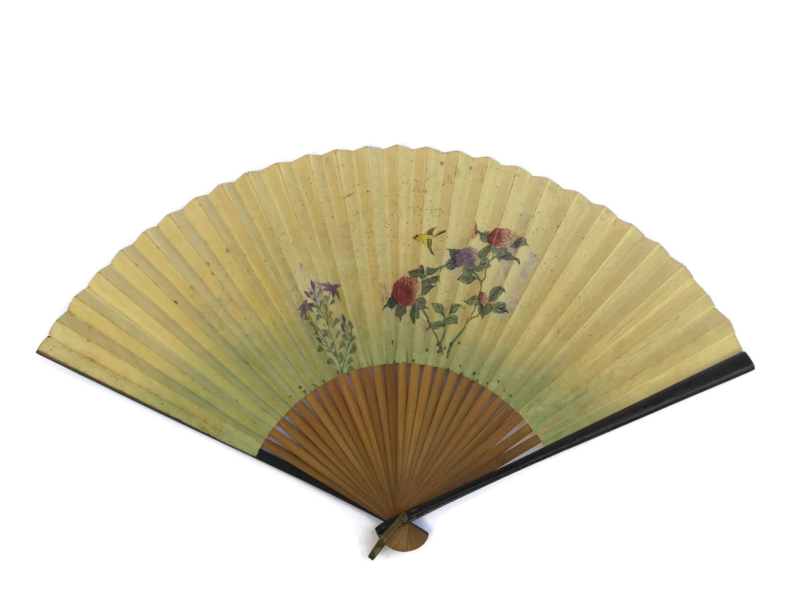 Antique Japanese Folding Hand Fan. Double Sided Paper and Bamboo Fan