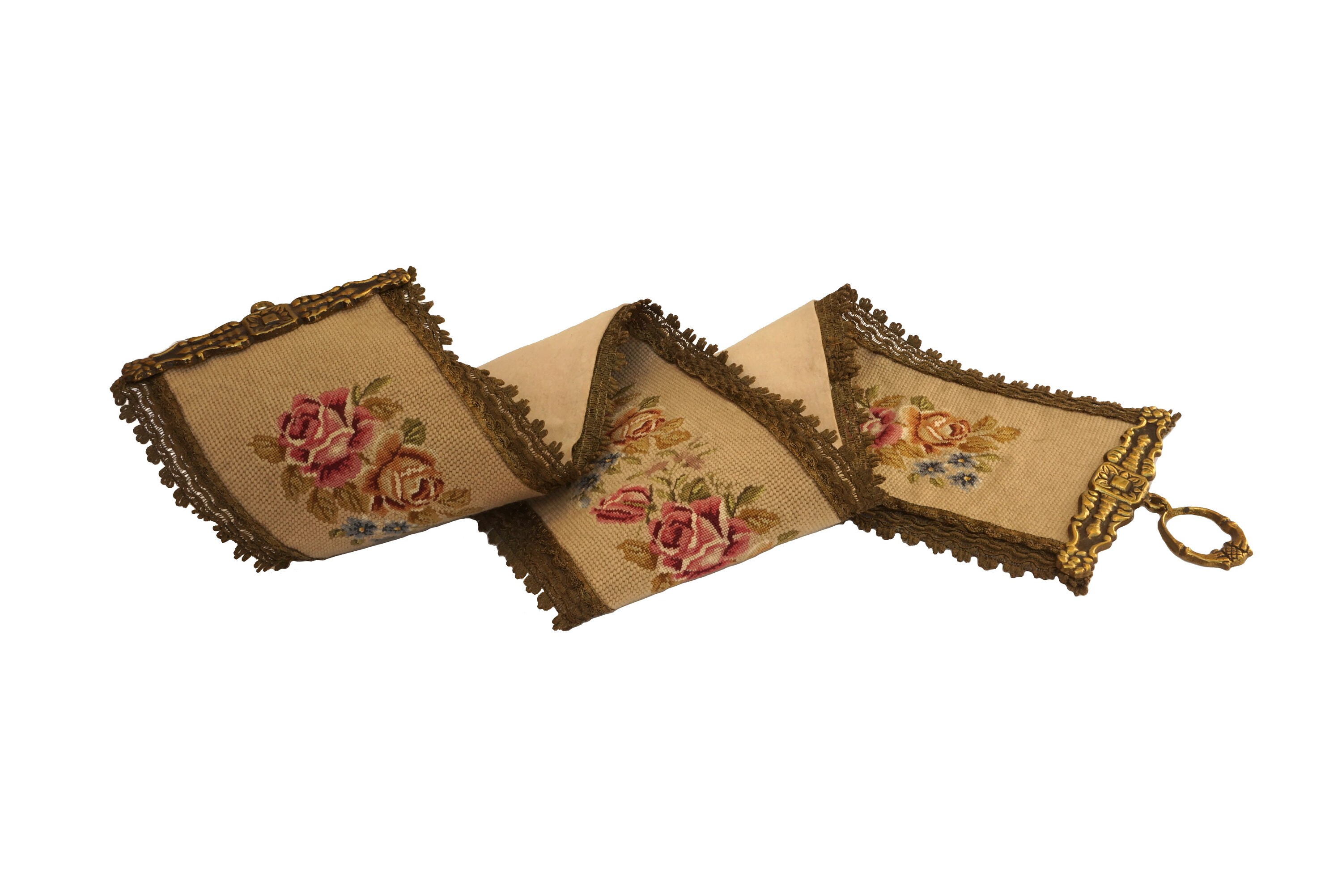 French Rose Tapestry Bell Pull, Vintage Needlework Flower Wall Hanging