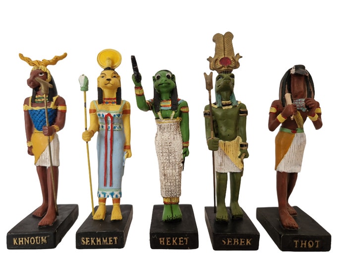 Vintage Egyptian God Figurines, Set of 5 with Khnoum, Sekhmet, Heket, Sebek, Thot, Ancient Egypt Mythology Hachette Collection