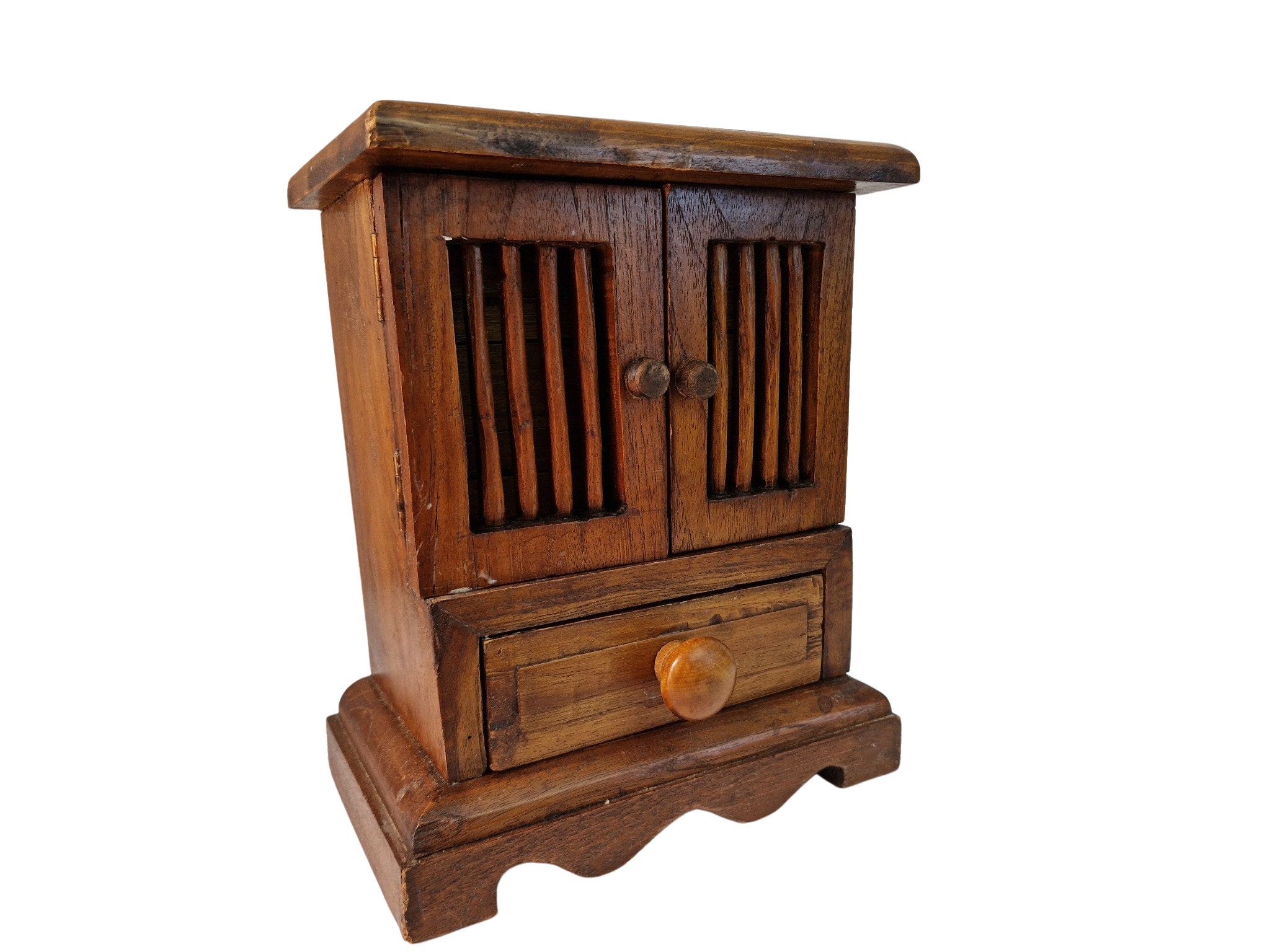 Vintage Hand Crafted Wooden Jewelry Box with Drawers, Miniature