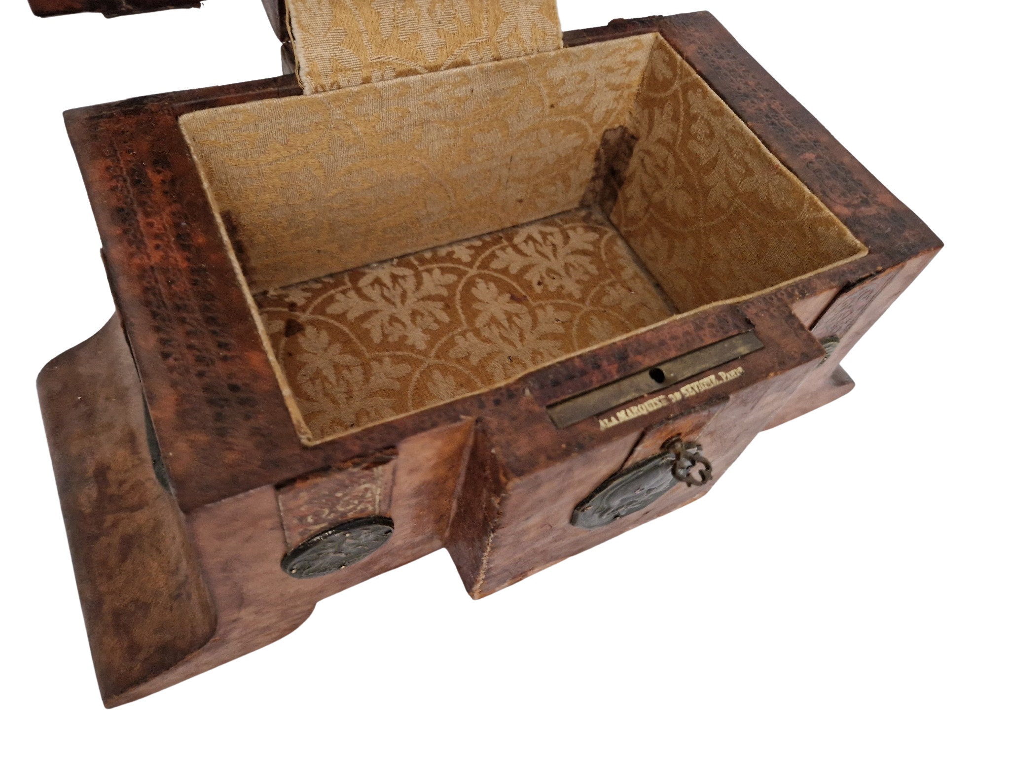 French Antique Leather Candy Box with Medals and Coins by La Marquise