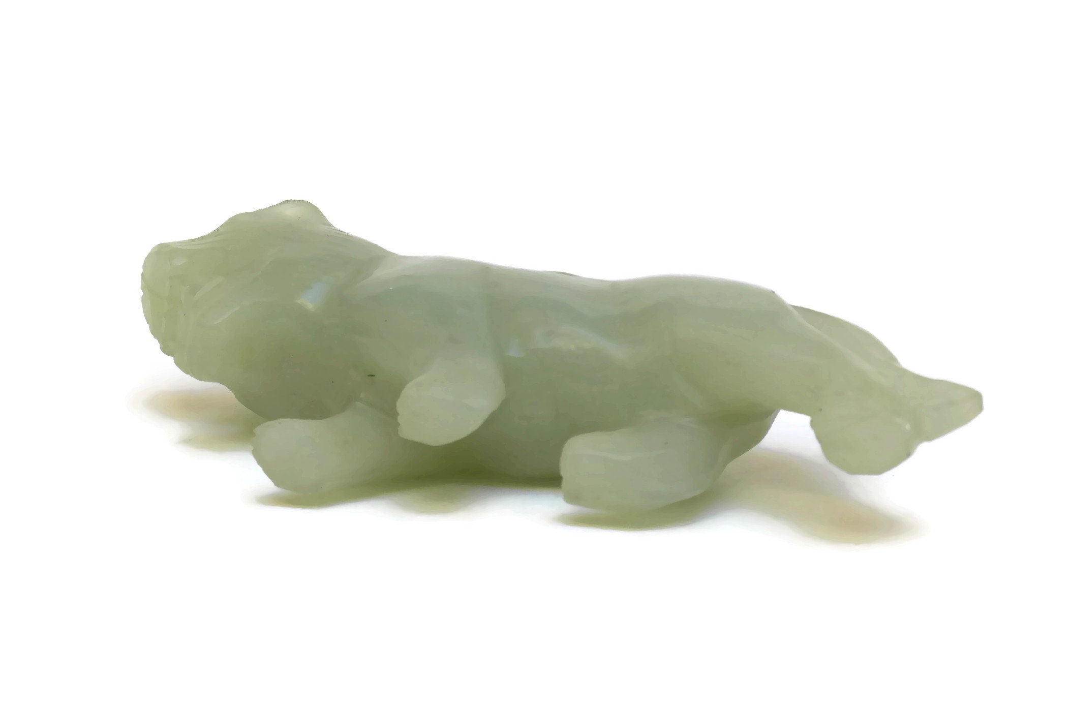 Vintage Green Jade Tiger Figurine. Folk Art Hand Carved Animal Figure