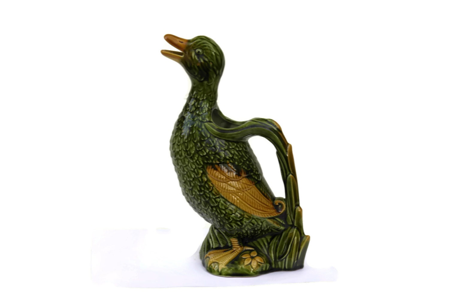 French Vintage Majolica Duck Pitcher, Country Decor, Ceramic Duck