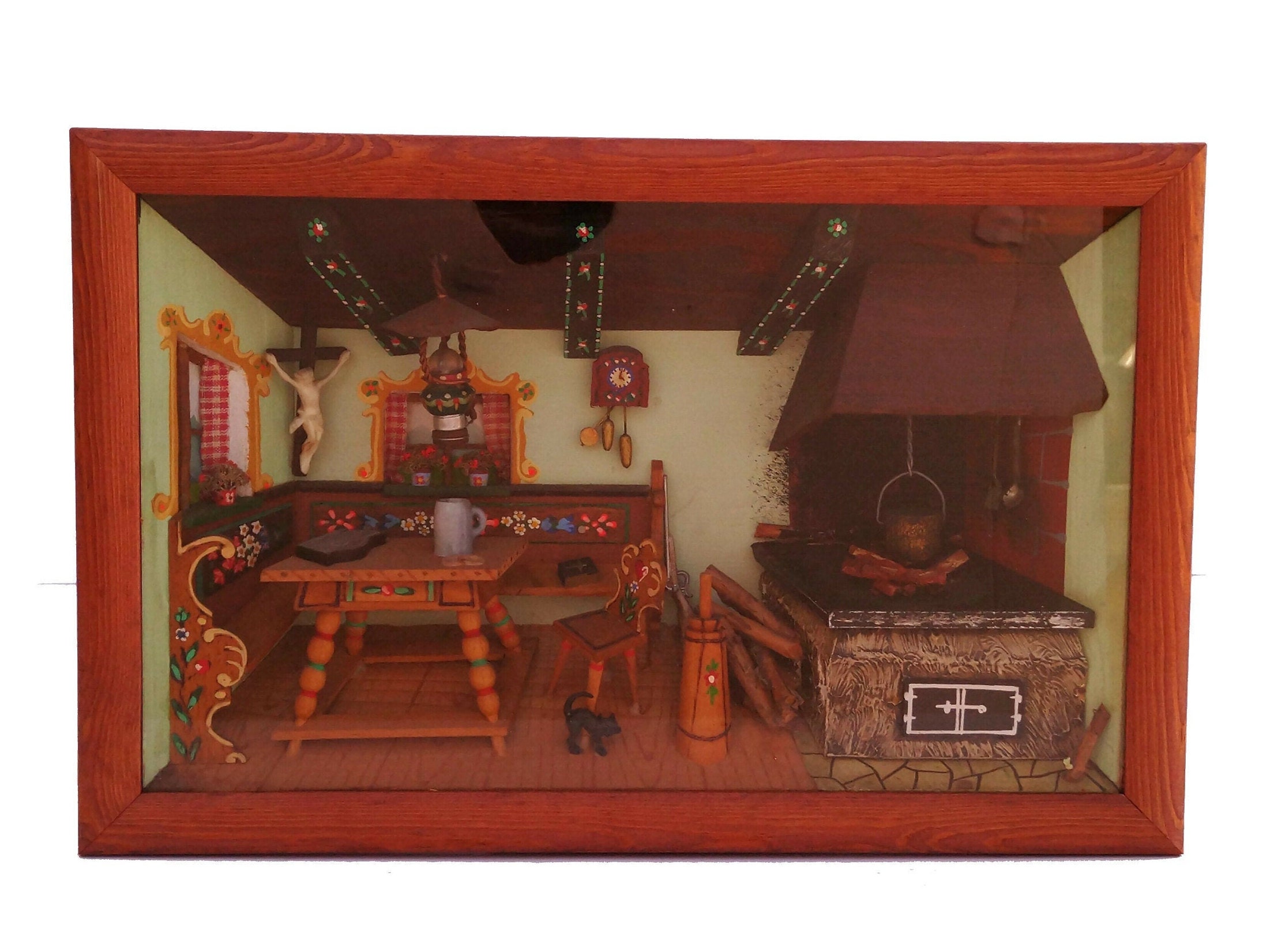 RESERVED for Yes. Vintage Swiss German Musical Diorama, Hand Carved