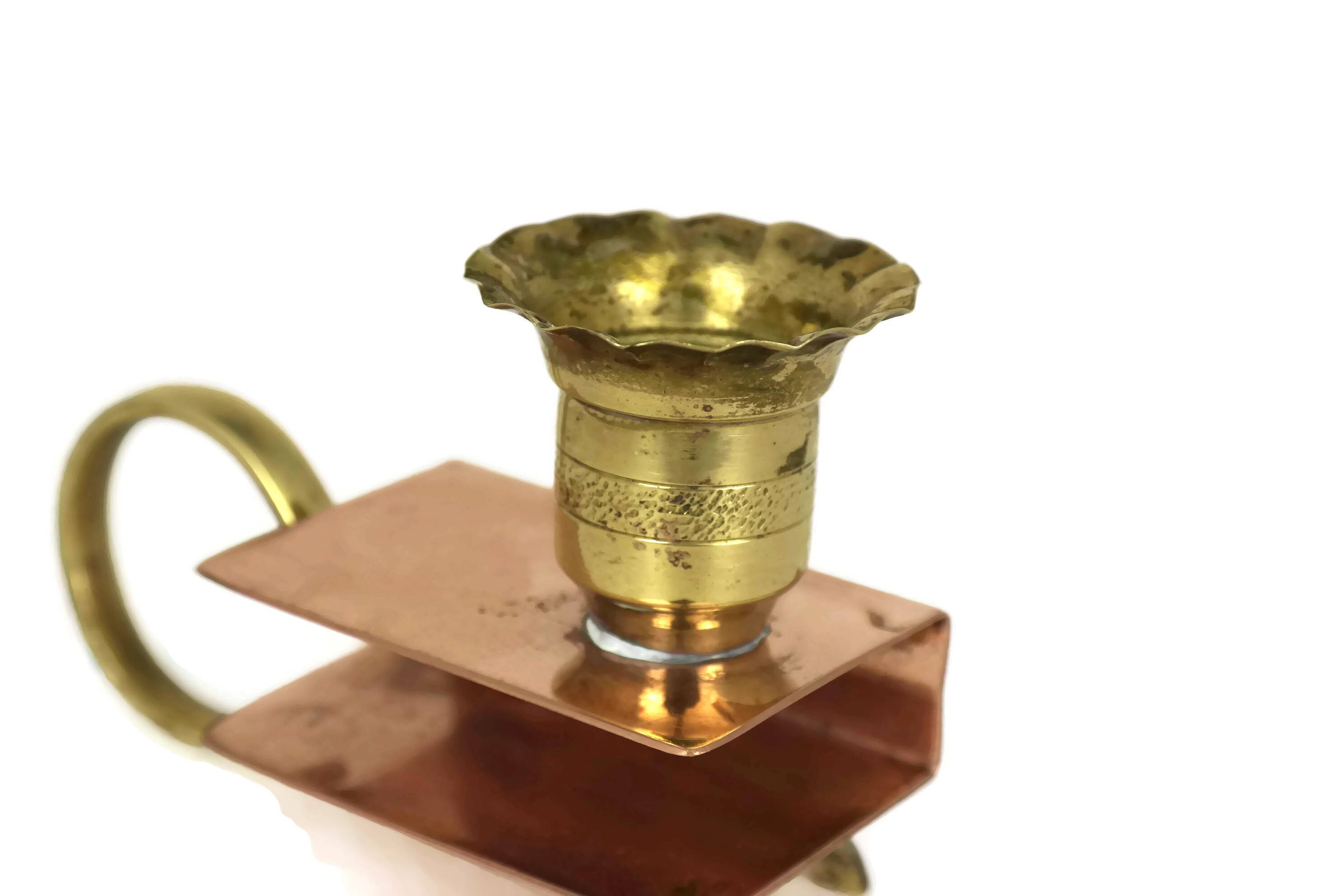 French Copper and Brass Chamberstick. Candle and Match Box Holder with