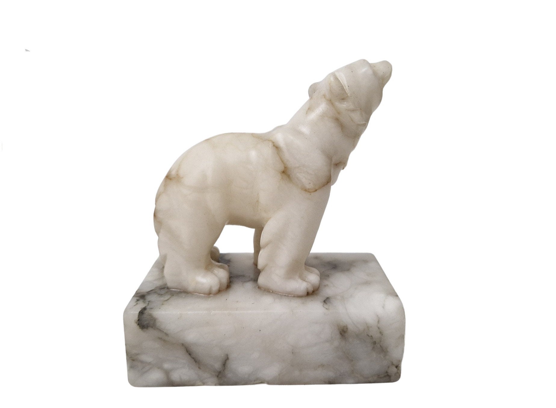 Art Deco Marble Polar Bear Figurines, Set of 2, Carved Stone Animal Statuettes