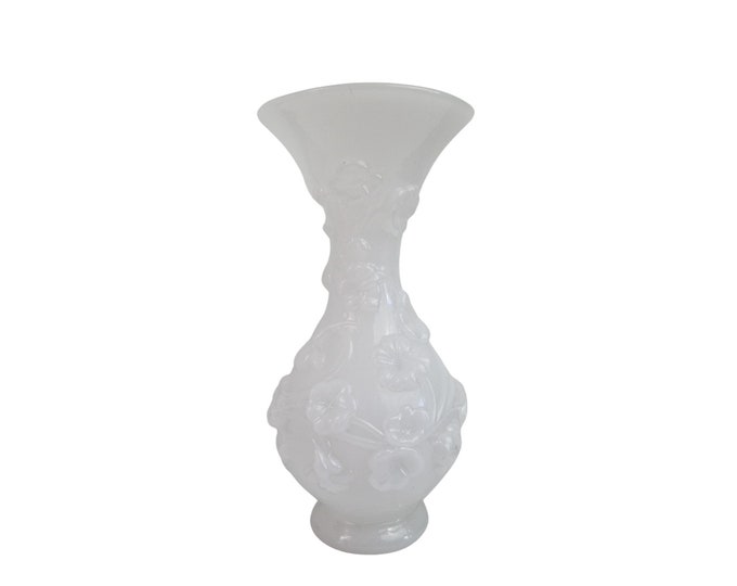 Art Deco Milkglass Vase with Relief Flowers, Antique French Opaline Glass
