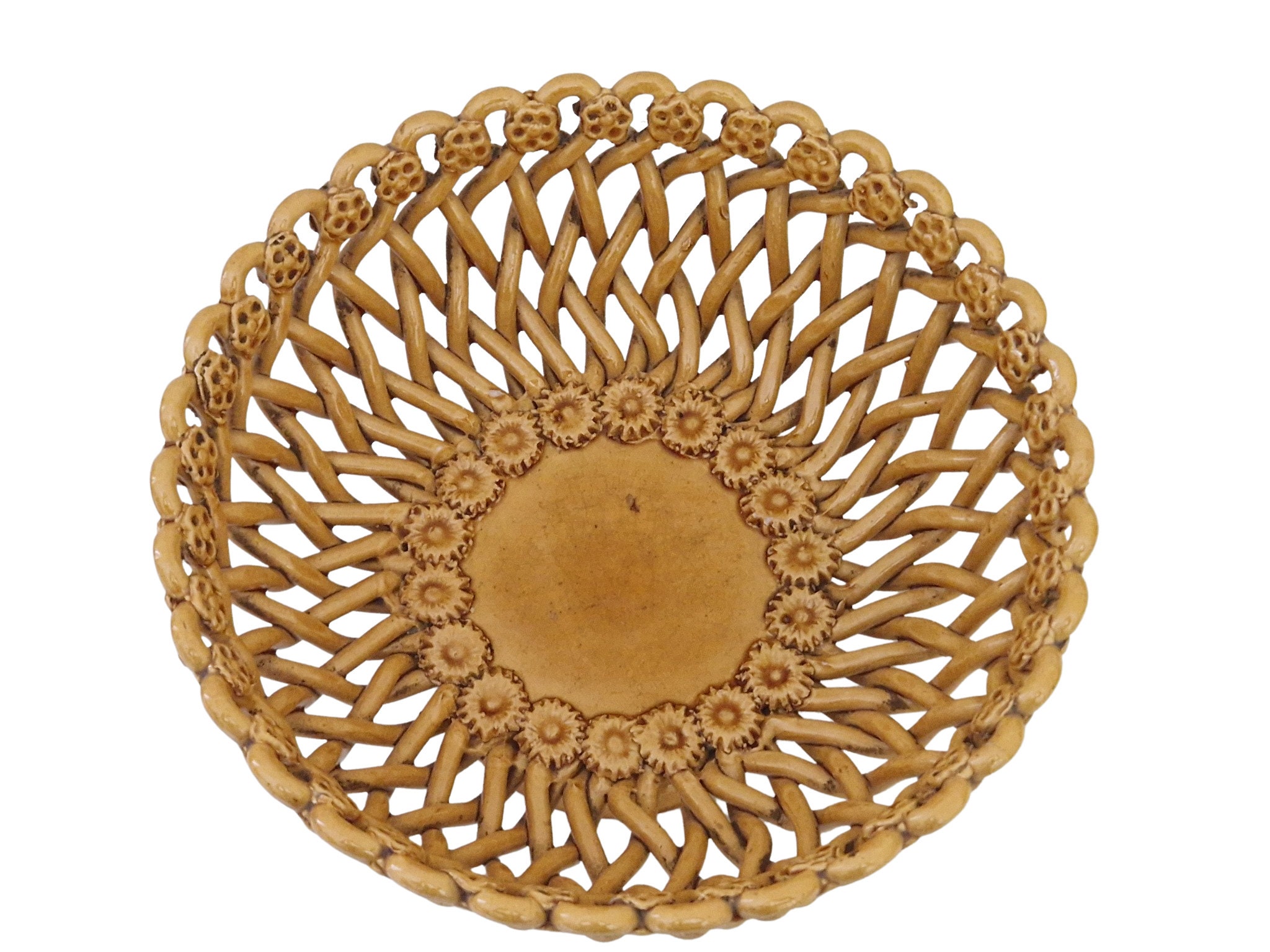 French Pottery Basket Weave Fruit Bowl by Pichon of Uzes, Ceramic Table