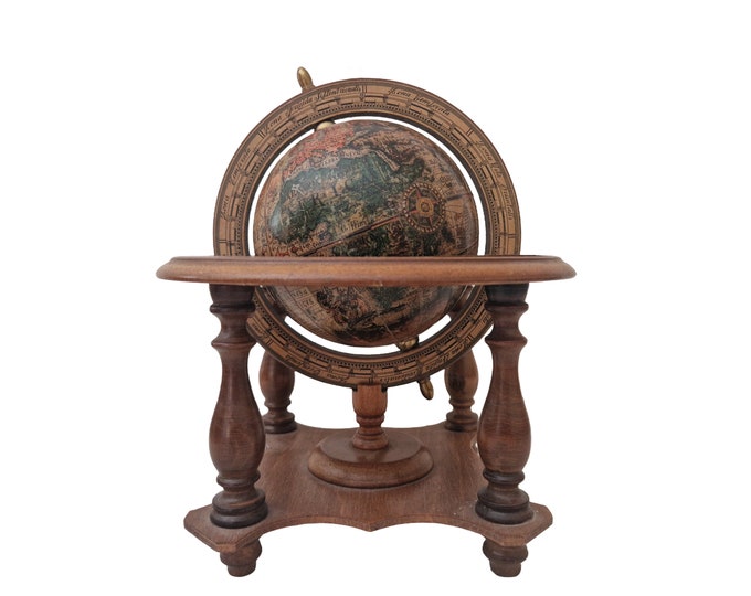 Old World Globe with Zodiac Signs and Wooden Stand, Mid Century Astrological Decor