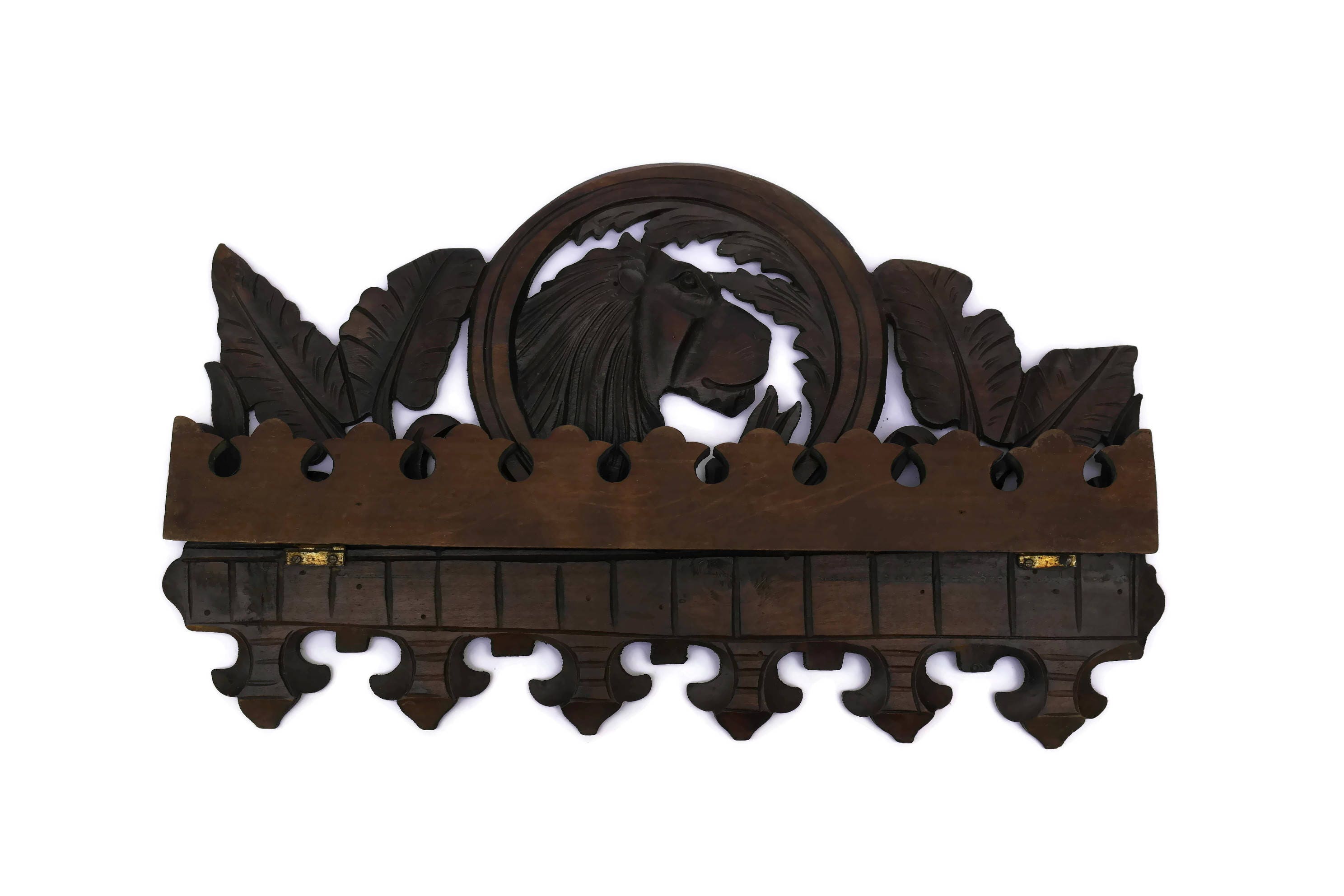 Vintage Carved Wood Pipe Stand With Lion Head. Smoking Pipe Rack.