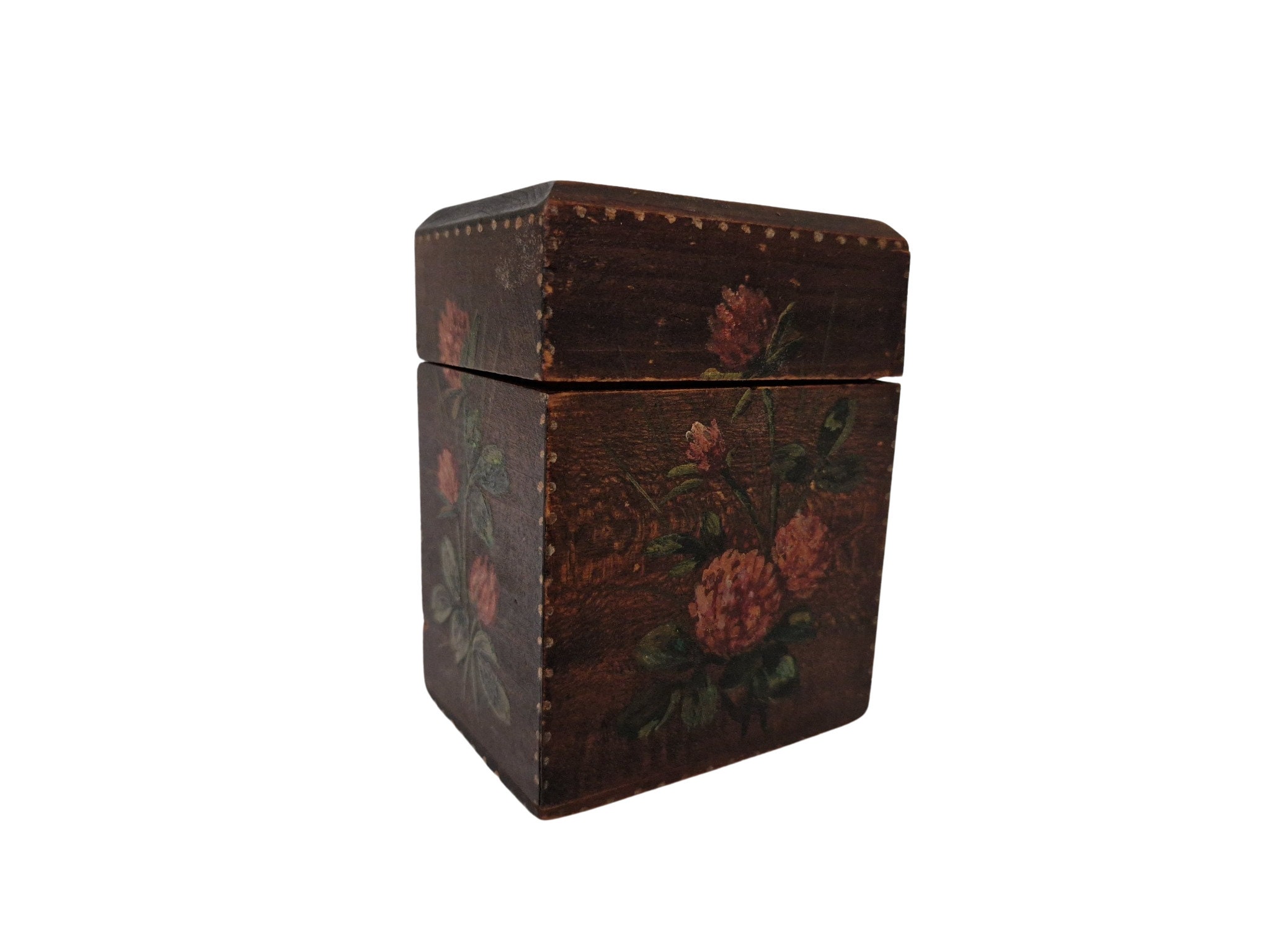 French Antique Wood Playing Card Box with Hand Painted Flowers