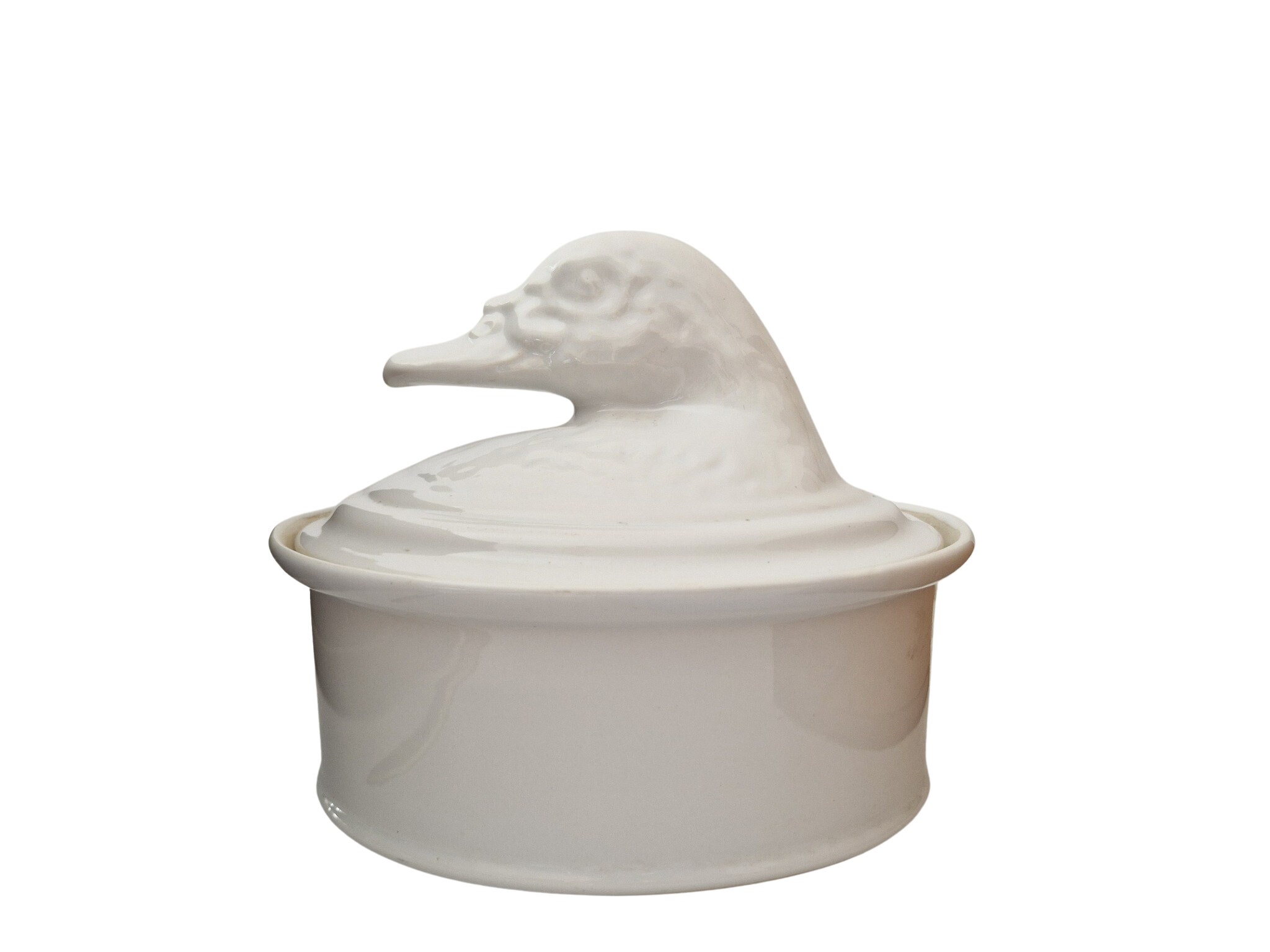 French White Porcelain Duck Tureen, Covered Casserole Terrine Dish