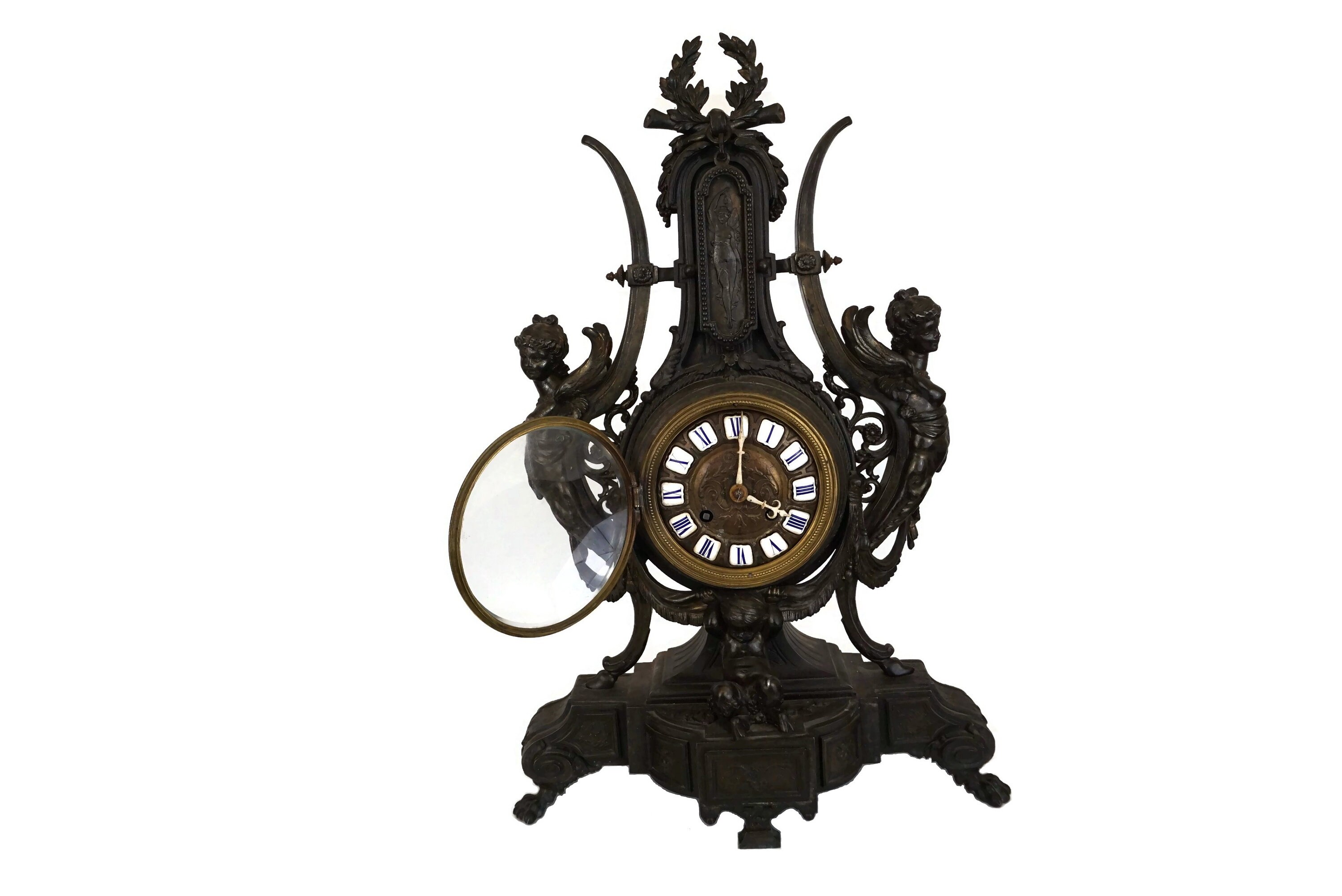 Antique French Mantle Lyre Clock, 19th Century Clock with Faun and