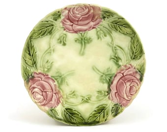 French Antique Majolica Rose Plate. Retro Pink Kitchen Decor. Green Majolica Leaf Wall Plate.