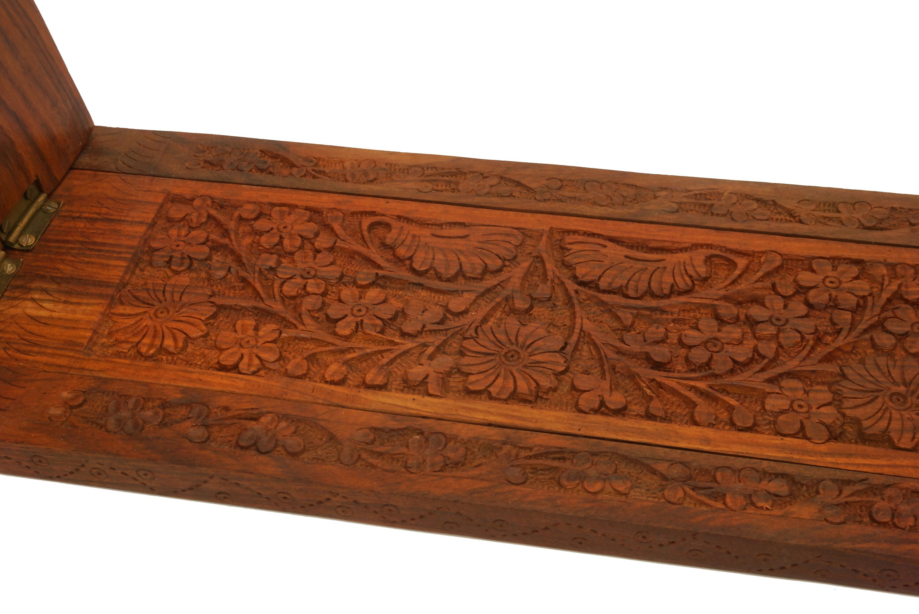 Indian Carved Wood Book Rack with Flowers, Extending Sliding Book Shelf