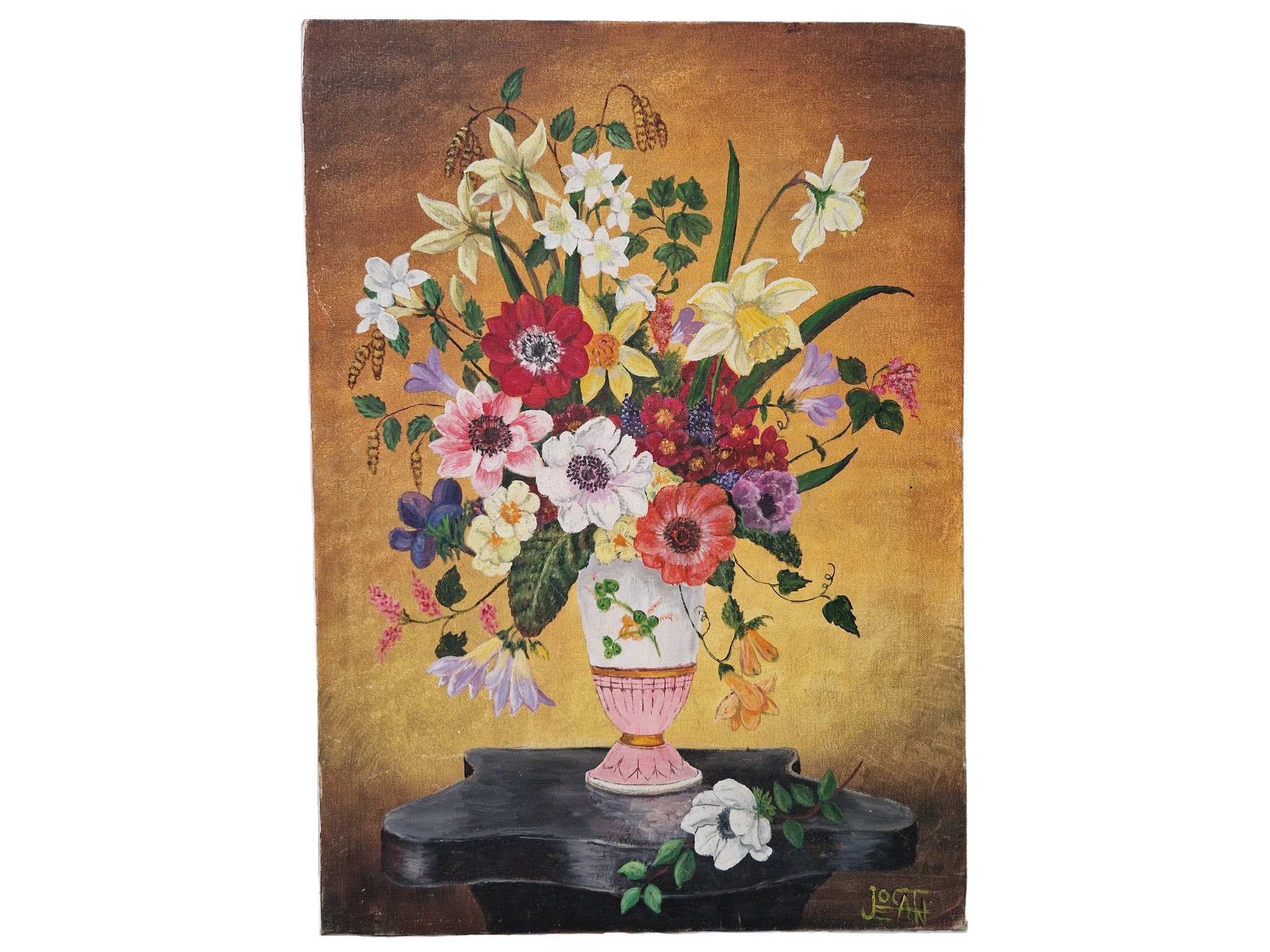 French Still Life Painting with Buttercups and Narcissus Flowers, 20th