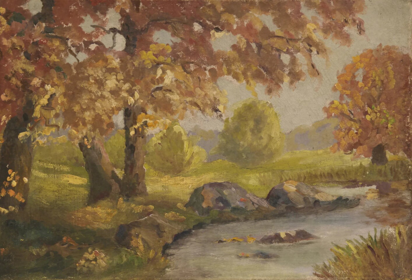 Autumn Painting. Antique Landscape Painting with River. Original Art