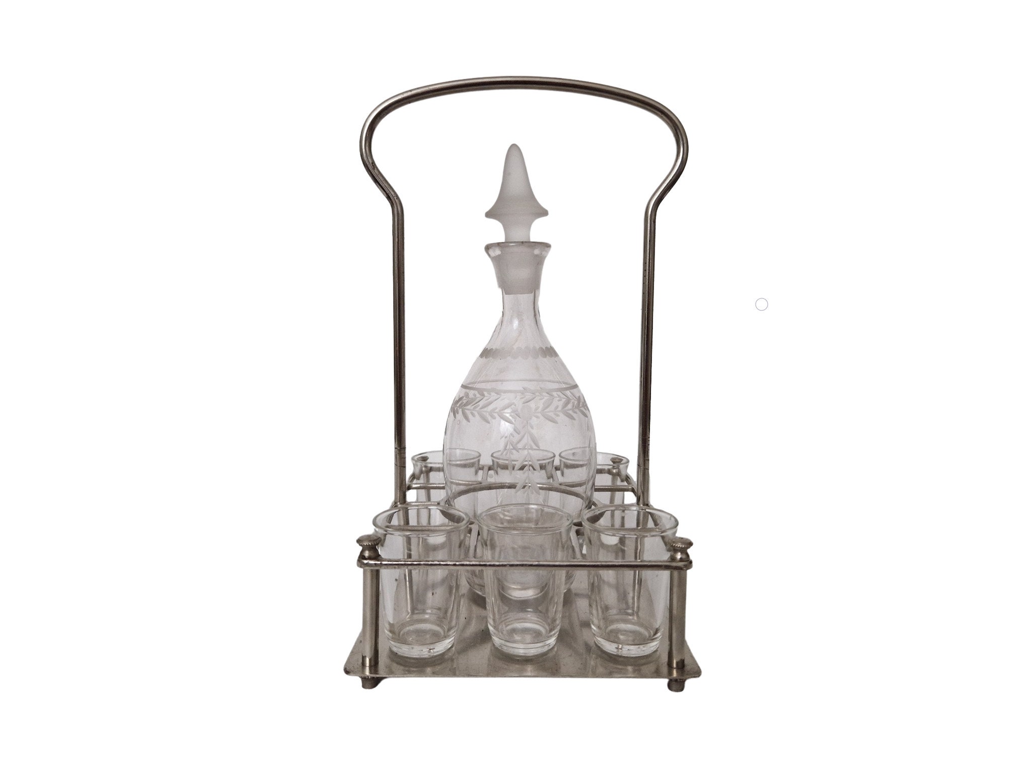 Art Deco Decanter and Shot Glass Set in Caddy, Antique French Glassware