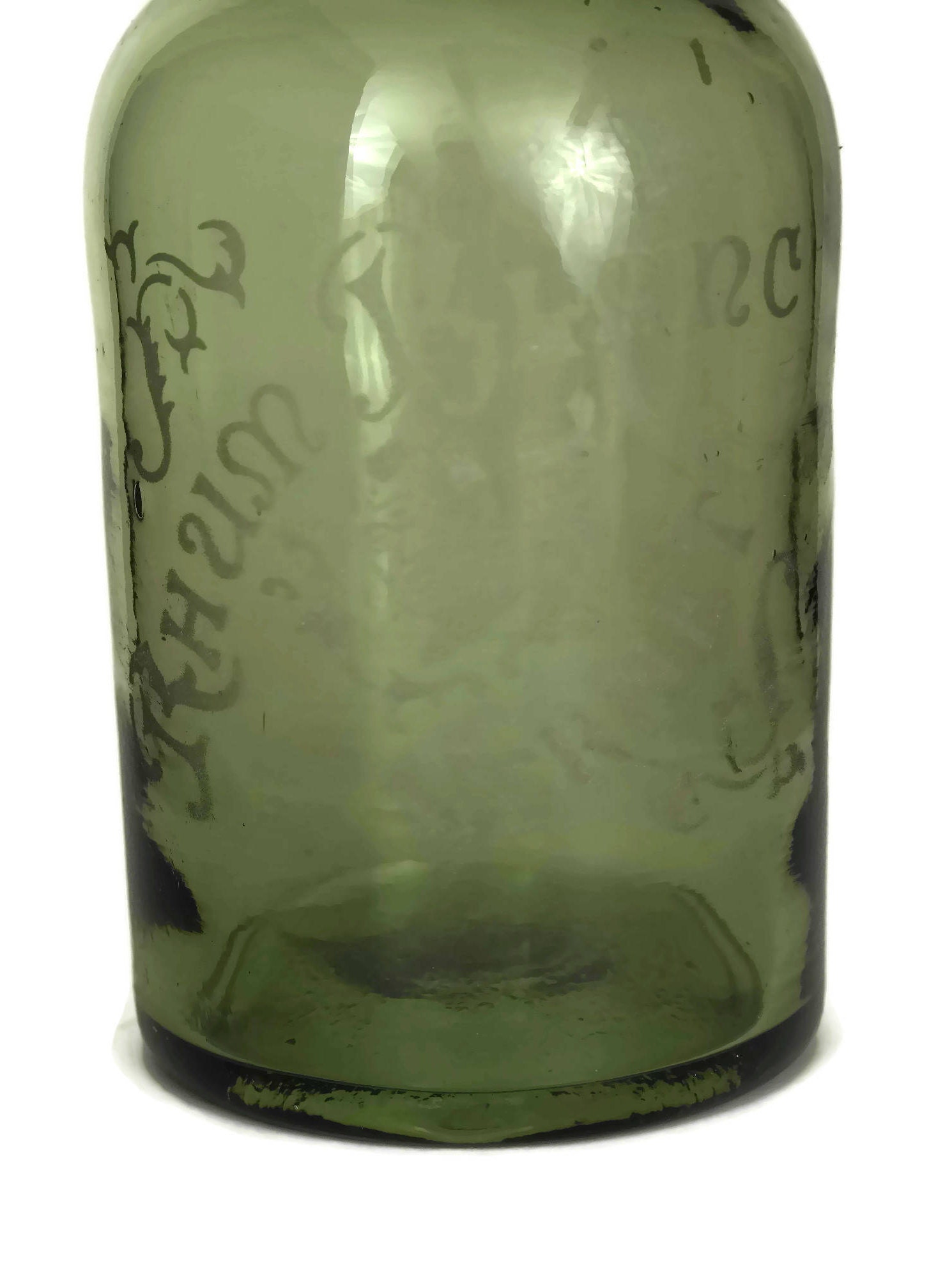 Antique Rum Bottle. Etched Green Glass Rhum Blanc Bottle. French