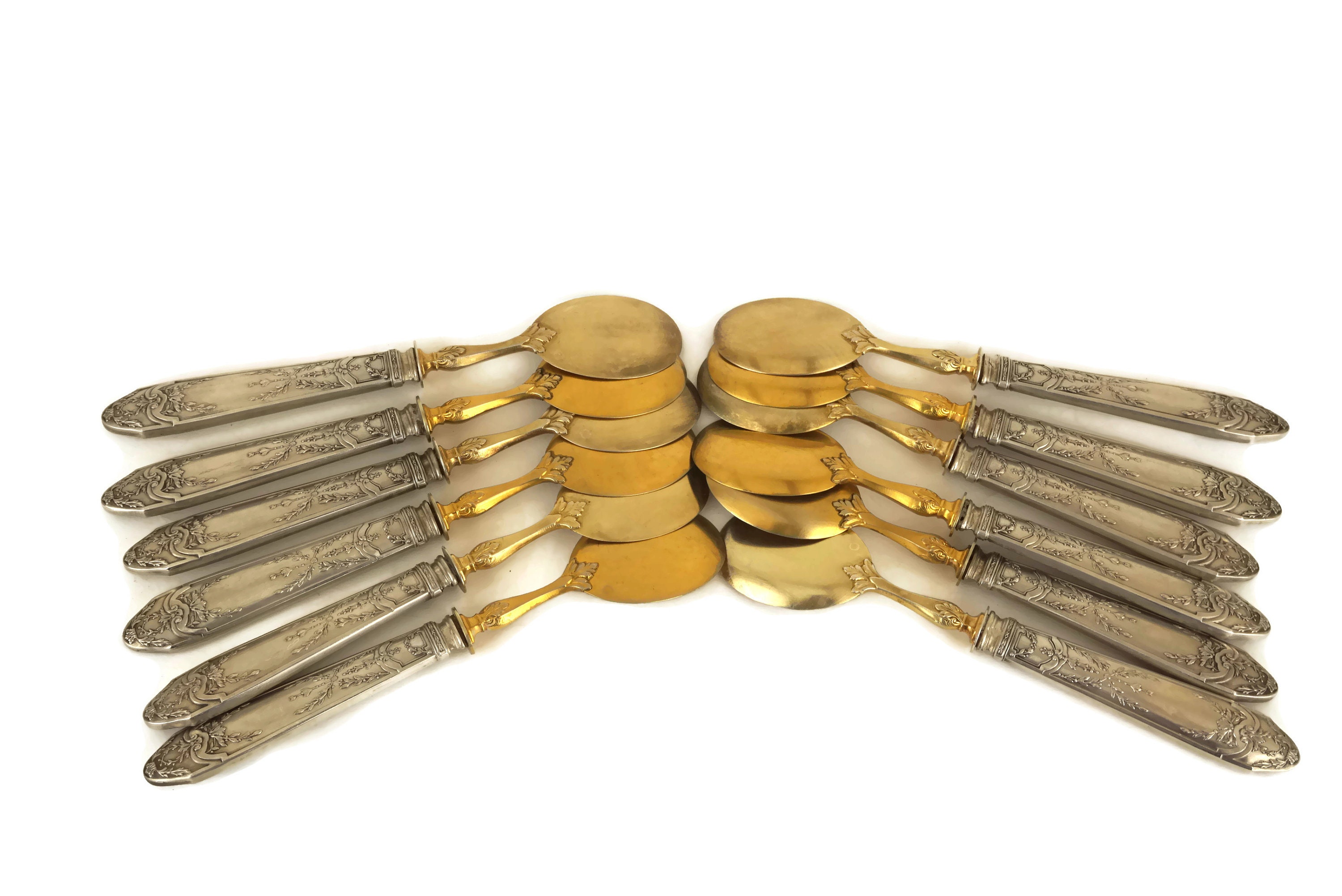 French Antique Silver Dessert Spoon Set of 12, Vermeil and Sterling