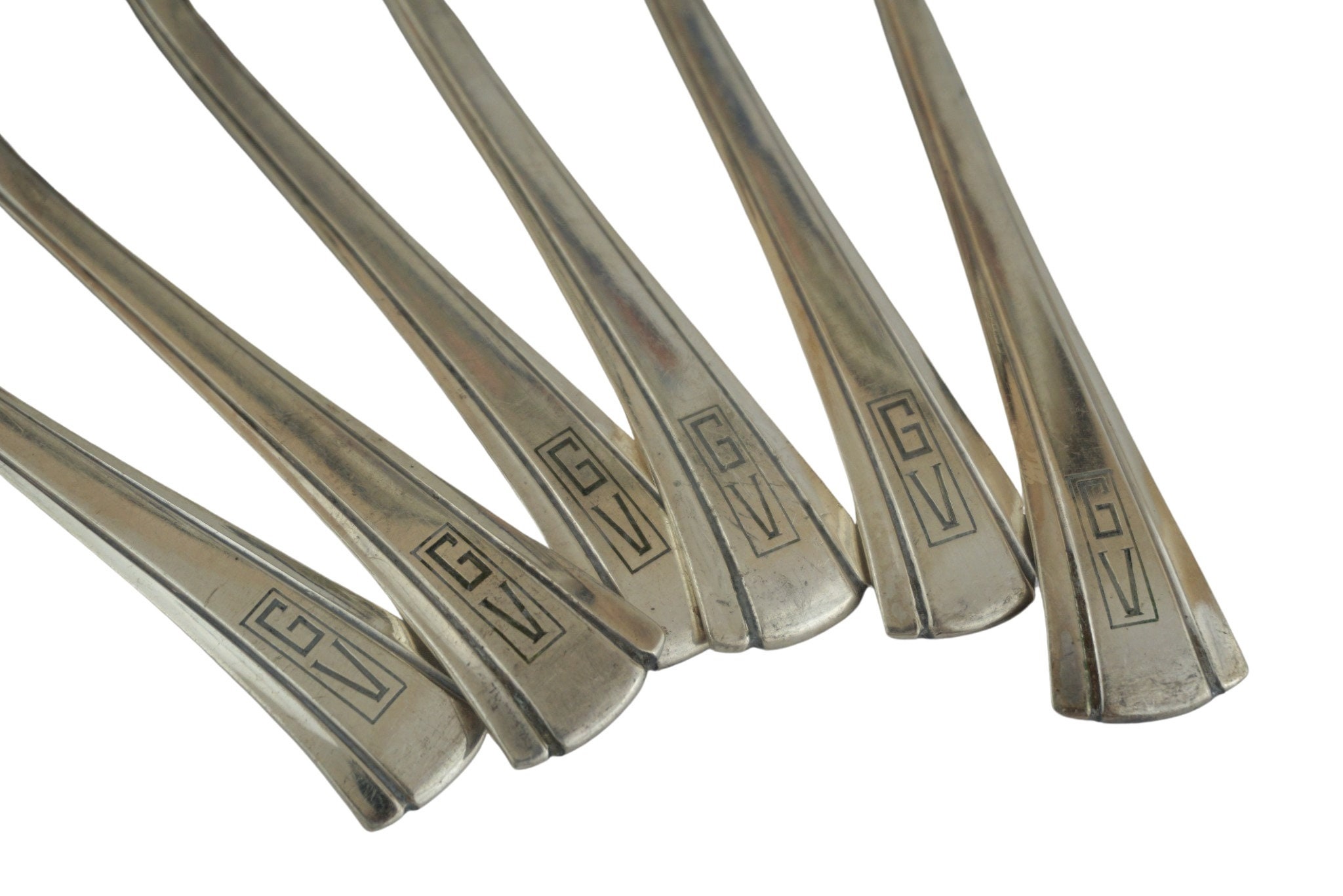 Silver Plated Tea Spoon Set with GV engraved Monogram Initials, French