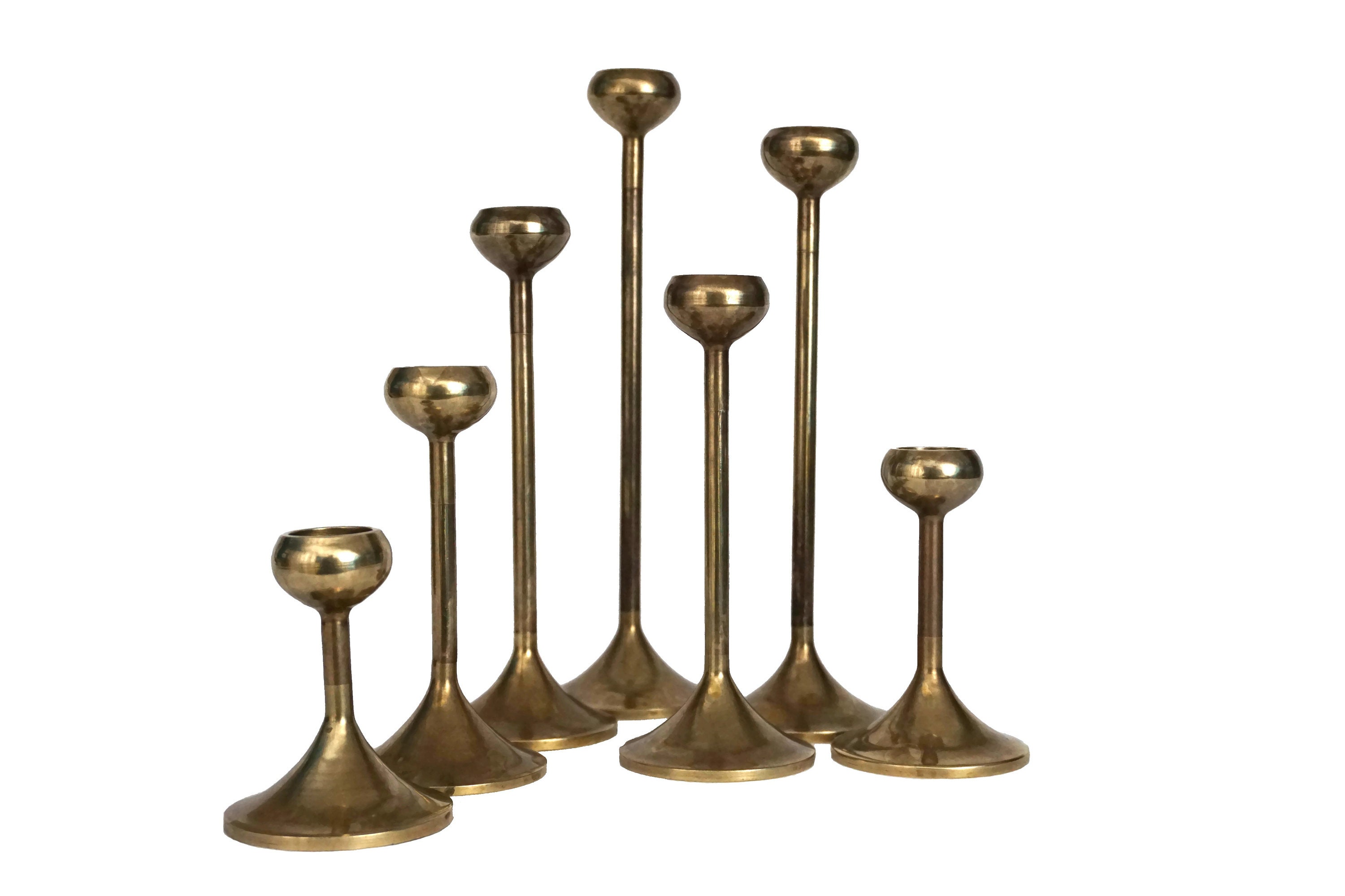 Graduated Brass Tulip Candle Holder Set of 7, Vintage Tiered Minimalist Candlesticks