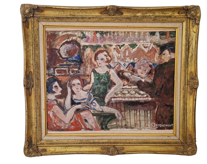 Edmond Jacquement Oil Painting of Women in Paris Cafe Bar, The Judgement of Paris, Original Framed and Signed Antique French Art