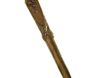 French Signed Bronze Letter Opener, Antique Paper Knife with Roses and Laurel Wreath