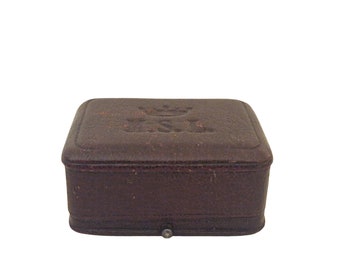 Antique French Leather Brooch Box with Crown and MSL Monogram Initials