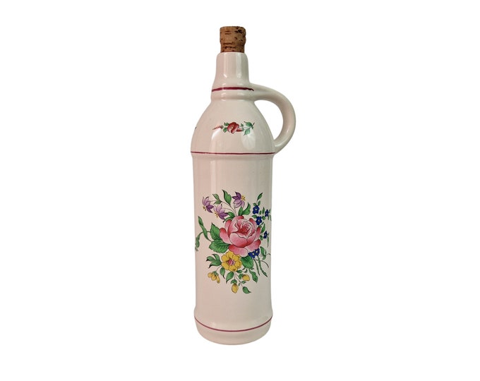 French Ceramic Liquor Decanter with Rose and Flowers by Keller and Guerin Luneville