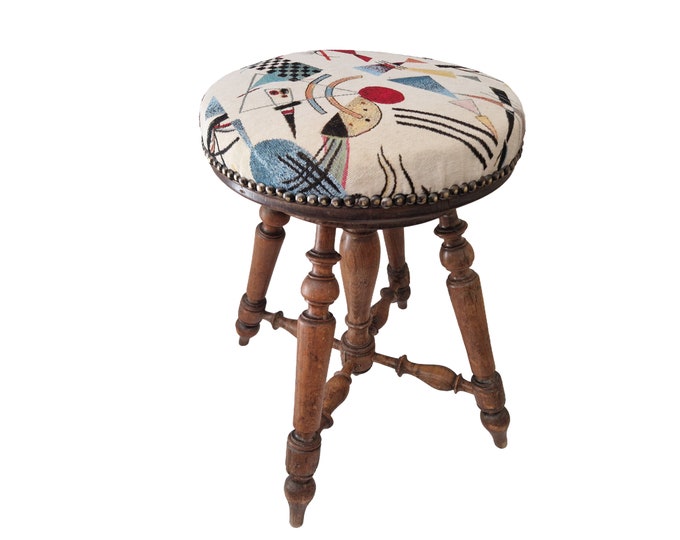 French Antique Piano Stool with Modernist Abstract Tapestry Seat, Music Room Decor, Kandinsky Style Art