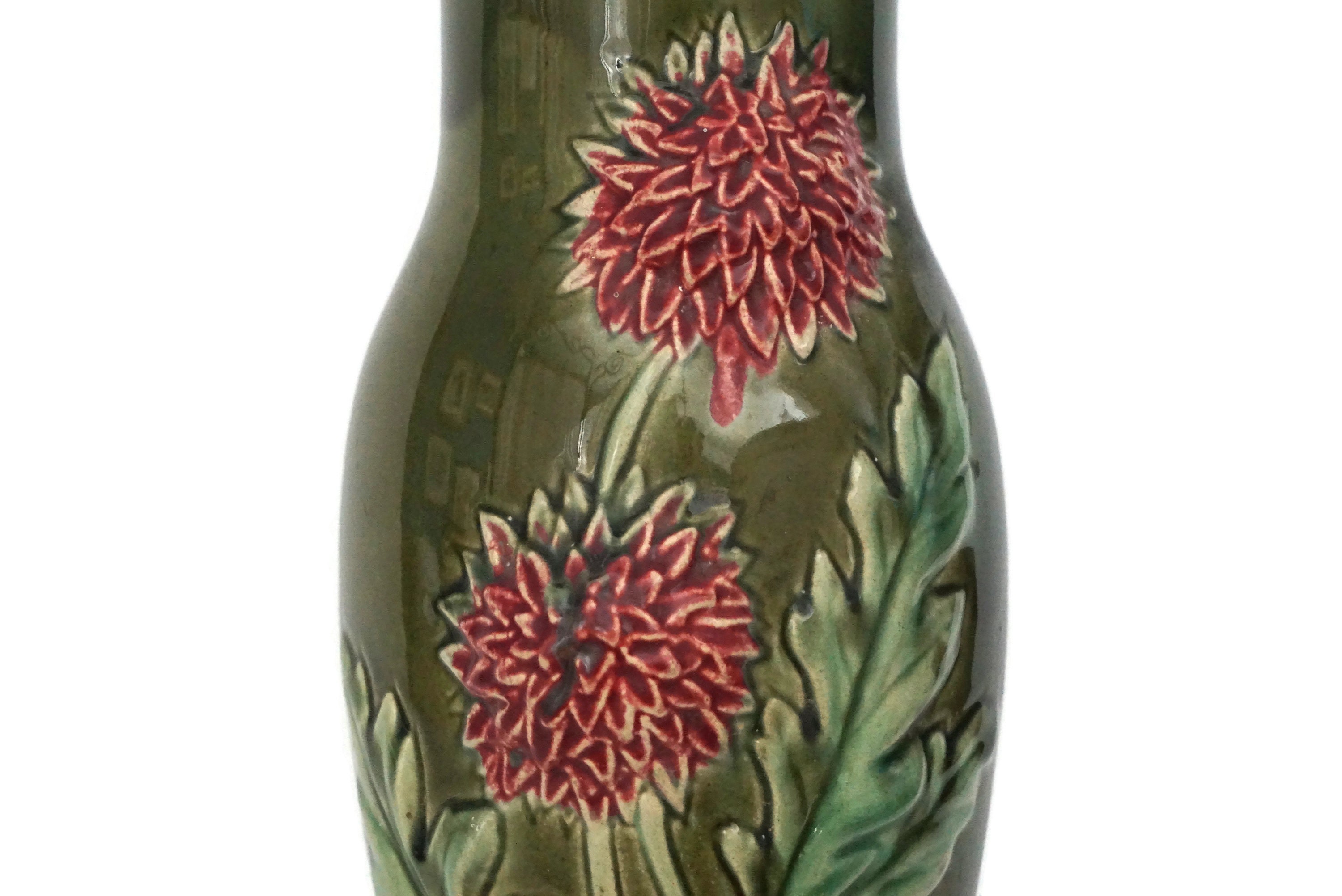 Art Nouveau Majolica Chrysanthemum Vase, Antique French Ceramic Flower