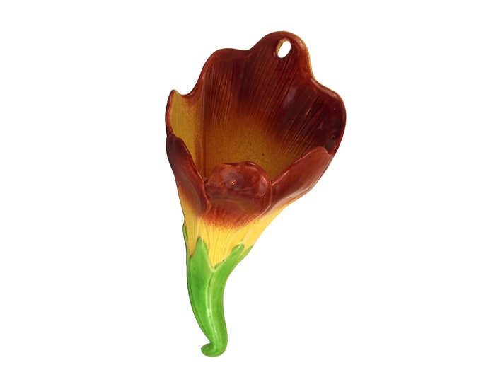 Majolica Tulip Wall Pocket Vase, Antique French Digoin Ceramic Hanging Flower Holder