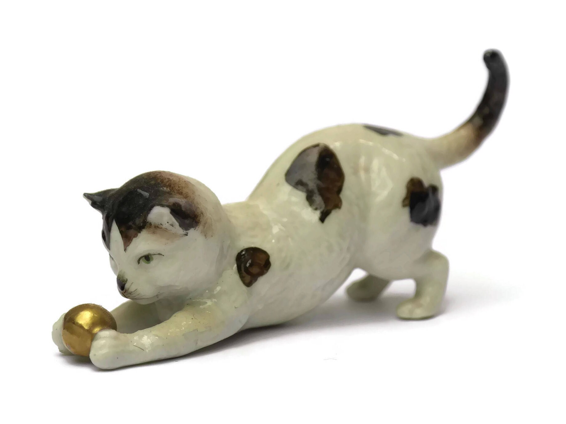 Antique Porcelain Cat Figurine with Golden Ball. German Crown Mark with