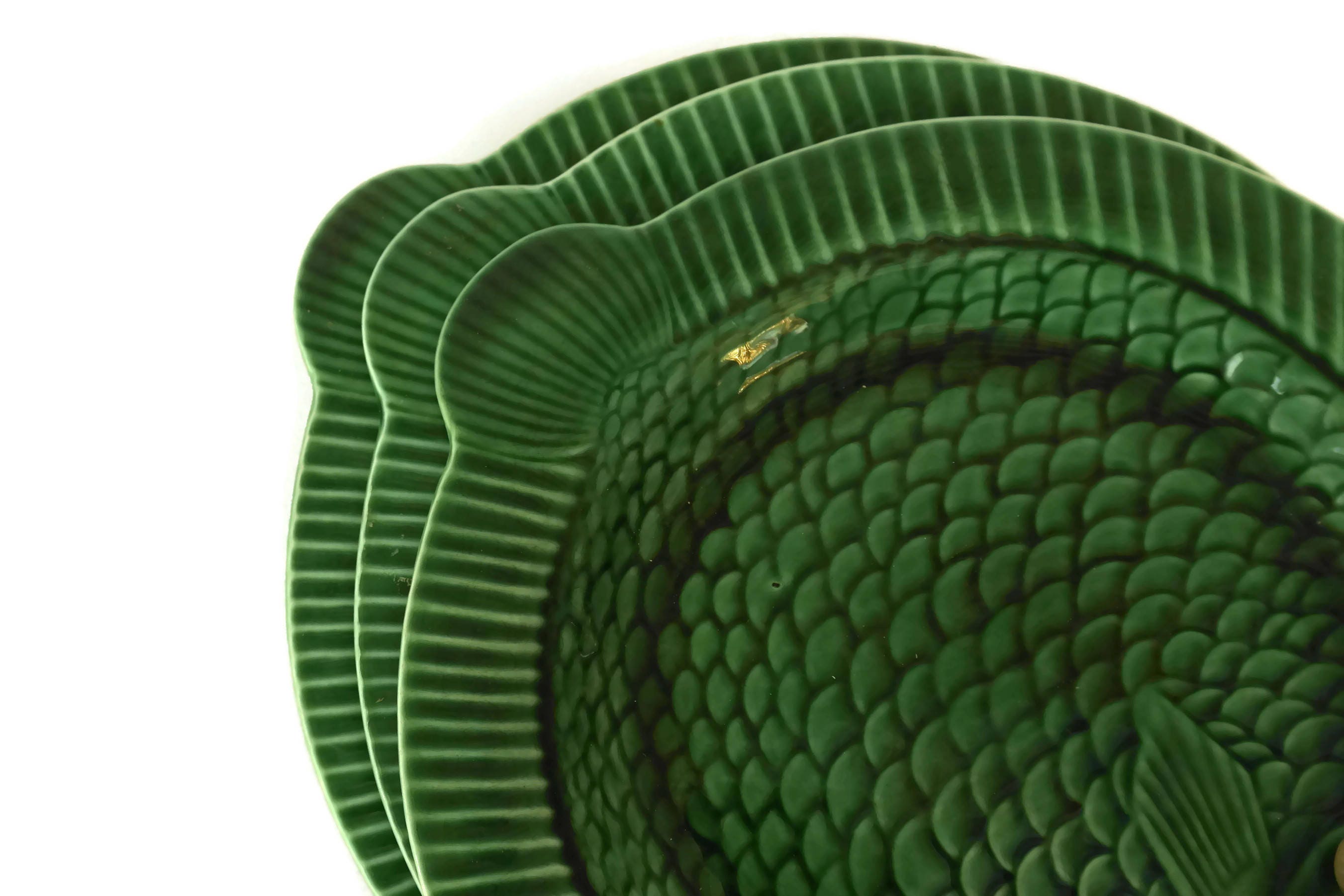 Green Majolica Fish Plate Set of 6. Sarreguemines Vintage French