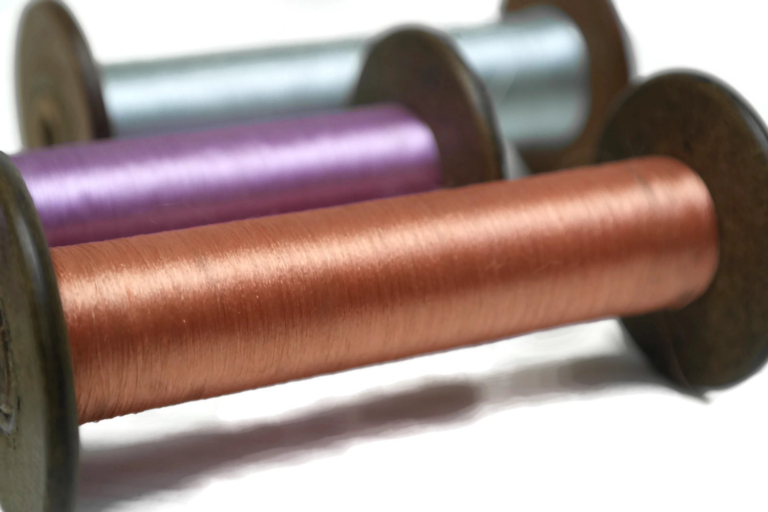 Antique French Wooden Bobbins. Large Weaving Spools. Bobbins and Thread.