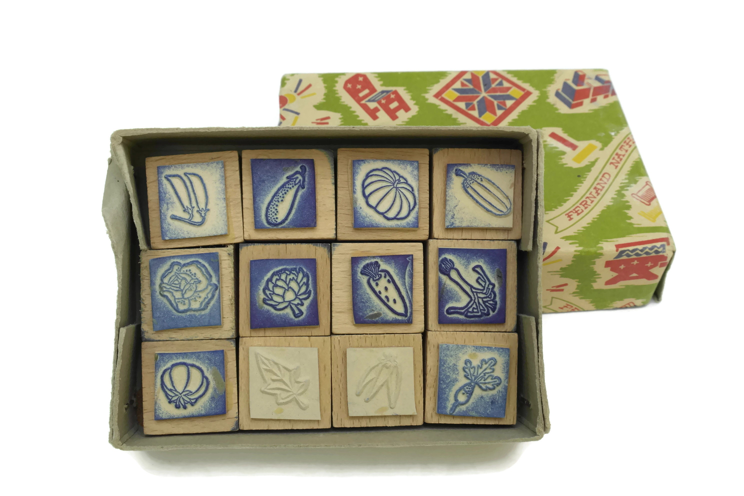 Vegetable Rubber Stamp Wood Print Block Set.