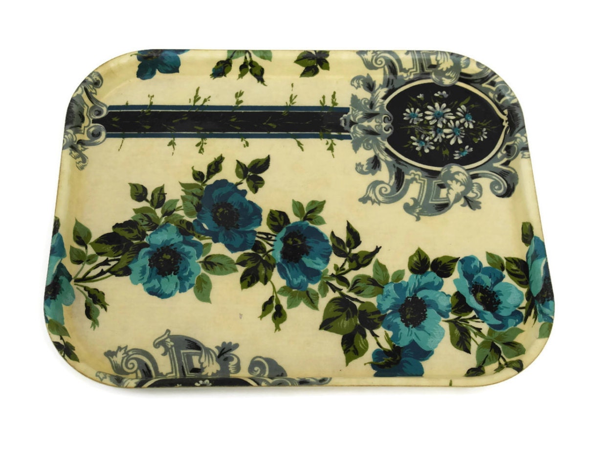 Blue Flower Serving Tray. Fabric and Fiberglass Drinks Tray.