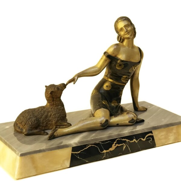 Art Deco Woman Statue. French Art Deco Figurine of Lady and Lamb. Black and Gold Spelter and Marble Sculpture.