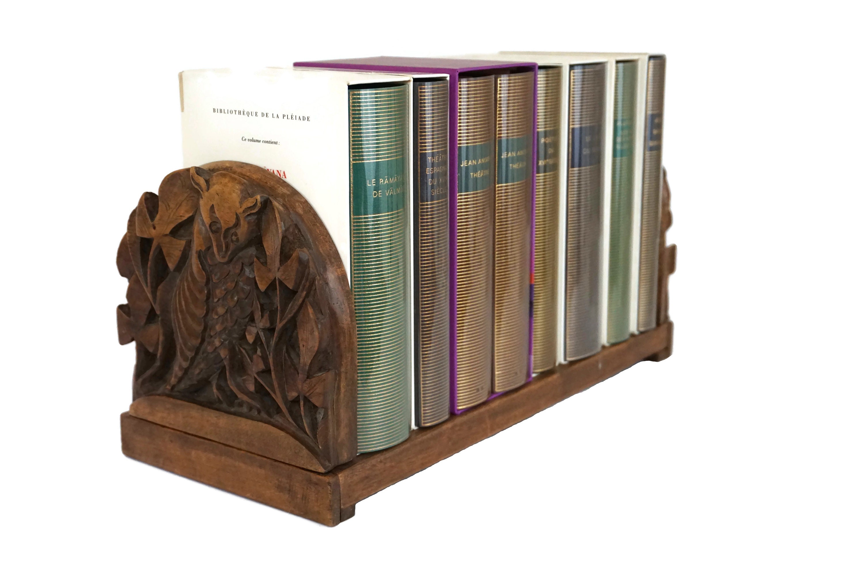 Antique Bats Carved Wood Book Rack, Extending Sliding Book Shelf, Folding Bookends