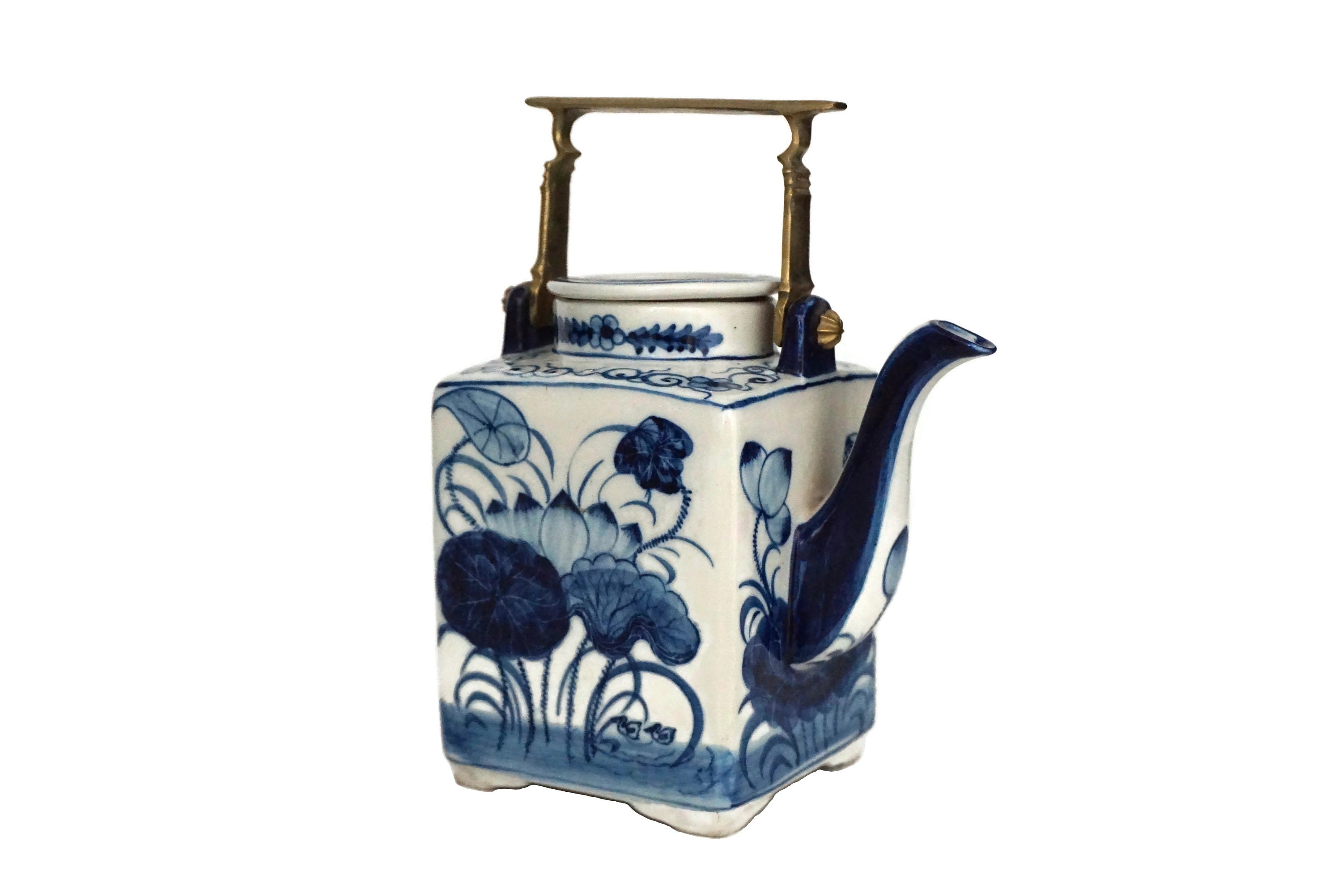 Chinese Export Porcelain Square Teapot with Brass Handle and Hand Painted Blue & White