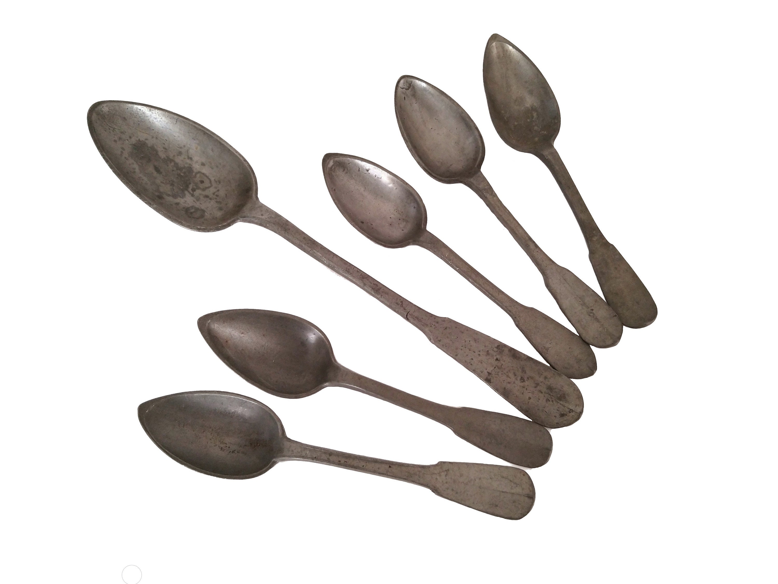 Français 18Th Century Pewter Spoon Set, Antique Hand Made Signed Metal Tableware