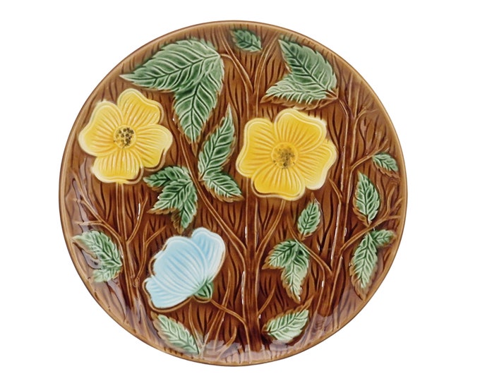 French Antique Sarreguemines Majolica Wall Plate With Blue and Yellow Flowers