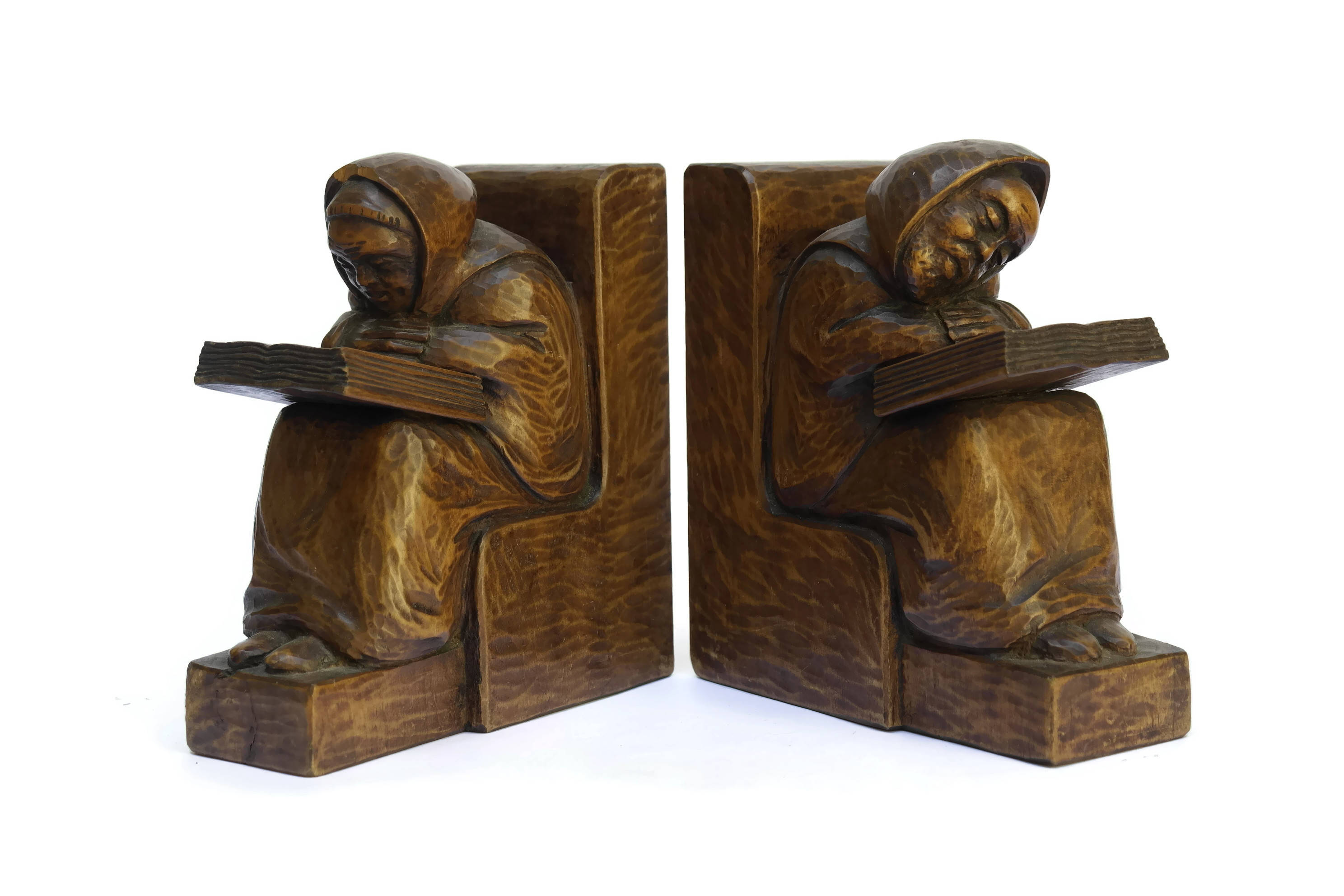 Carved Wood Reading Monks Bookends by H Rozier. Wooden Sculpture Monk Figural Bookends